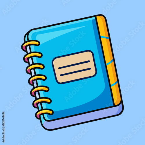 Cartoon illustration of a cheerful blue notebook with yellow spiral binding