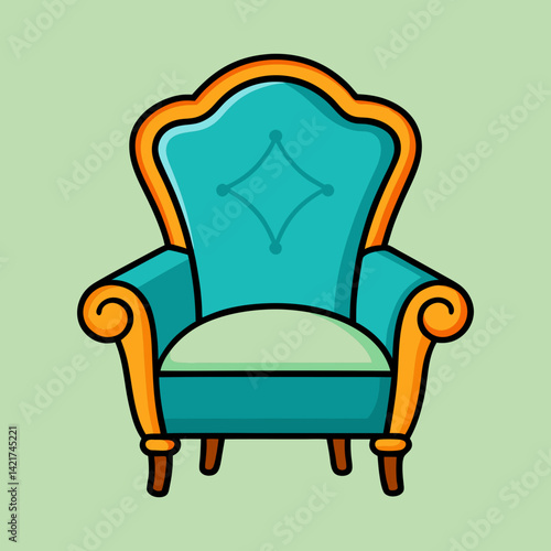 Stylized teal chair with gold frame and light green background illustration