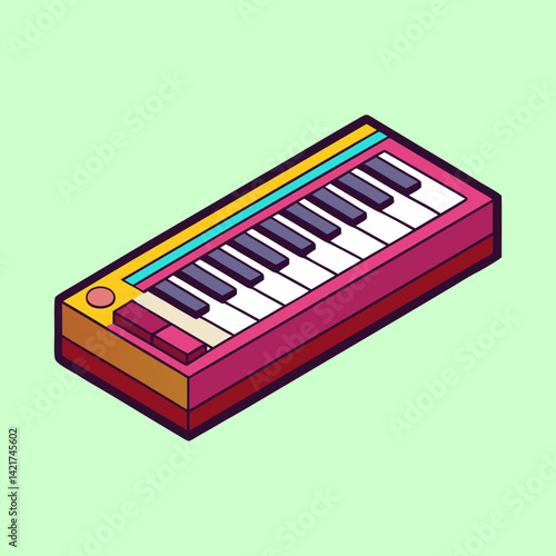 Vibrant isometric synthesizer illustration against light green background, simple and minimalist style