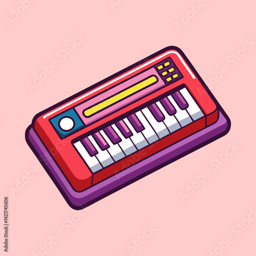 Stylized red musical keyboard with purple accents on a light pink background