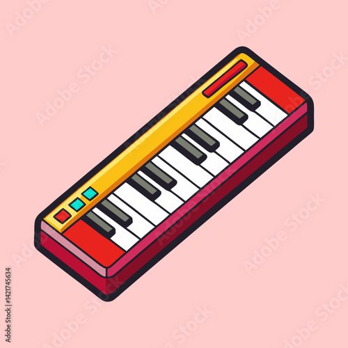 Stylized Illustration of a Red and Yellow Toy Keyboard on Pink Background