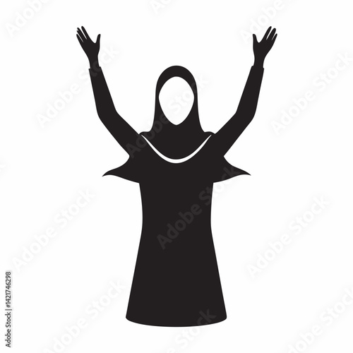 Silhouette of muslim woman in hijab with raised hands for prayer