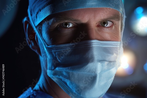 Focused surgical professional in operating room attire. photo