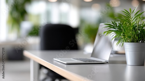 Wallpaper Mural Modern Workspace with Open Laptop and Green Plant Torontodigital.ca
