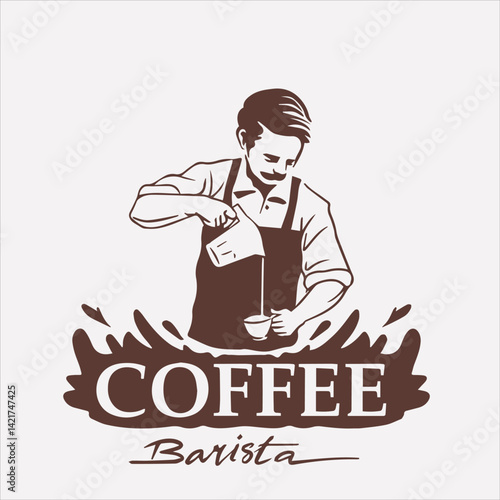 Vector Outline Illustration. Smiling male barista in apron making cappuccino in a cup. Happy male waiter preparing coffee in cafe showing good quality service. Coffee shop