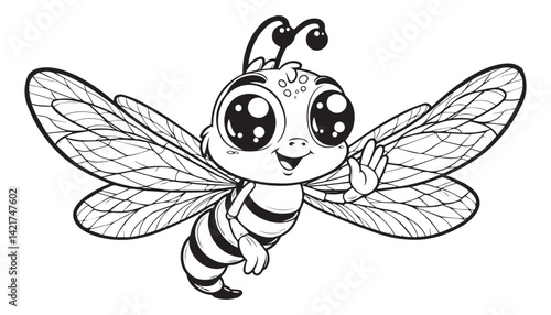 Vector illustration of cartoon dragonfly black and white drawing For children to learn to color according to the picture.