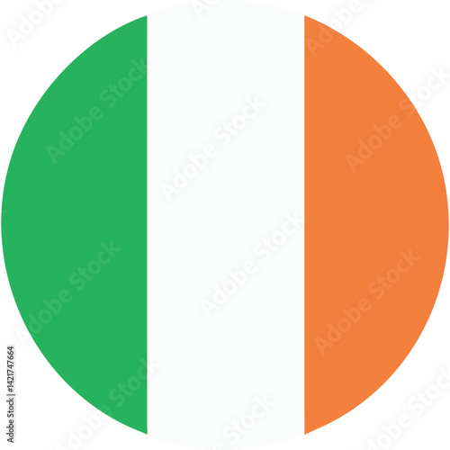 Circular Irish flag icon, simple design, green white orange.