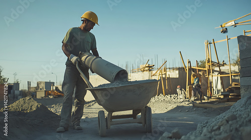 Construction Worker Pouring Cement into a Wheelbarrow