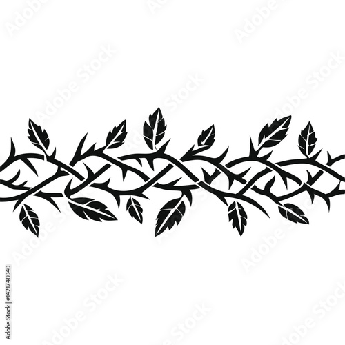 Black and white seamless pattern of thorny branches with leaves.