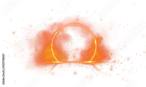 A luminous and glowing circle radiates light and mist, encircled by sparkling elements on a transparent backdrop
