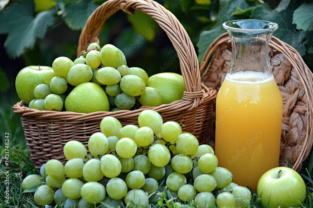 Freshly pressed juice from green apples and grapes Freshly pressed juice from green apples and grapes