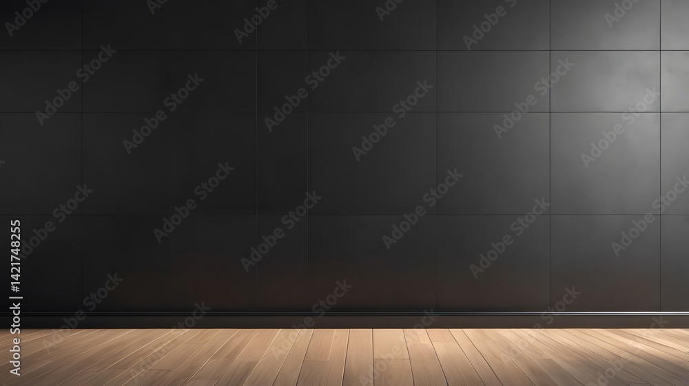 Empty black tiled wall with wooden floor in sunlight. 3D Rendering