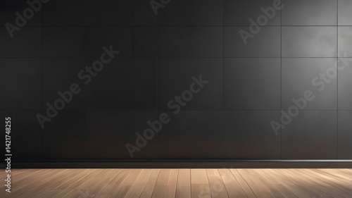 Obraz na płótnie Empty black tiled wall with wooden floor in sunlight. 3D Rendering
w salonie
