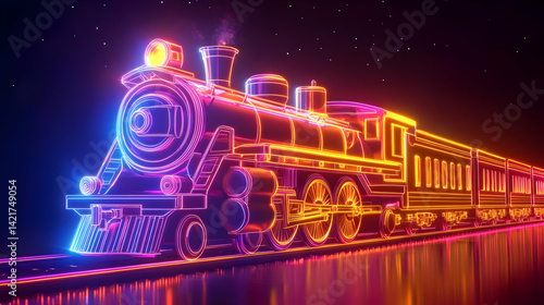 Glowing Neon Steam Train at Night