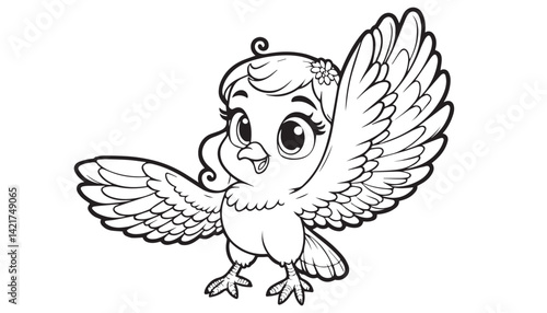 Vector illustration of cartoon bird black and white drawing For children to learn to color according to the picture.