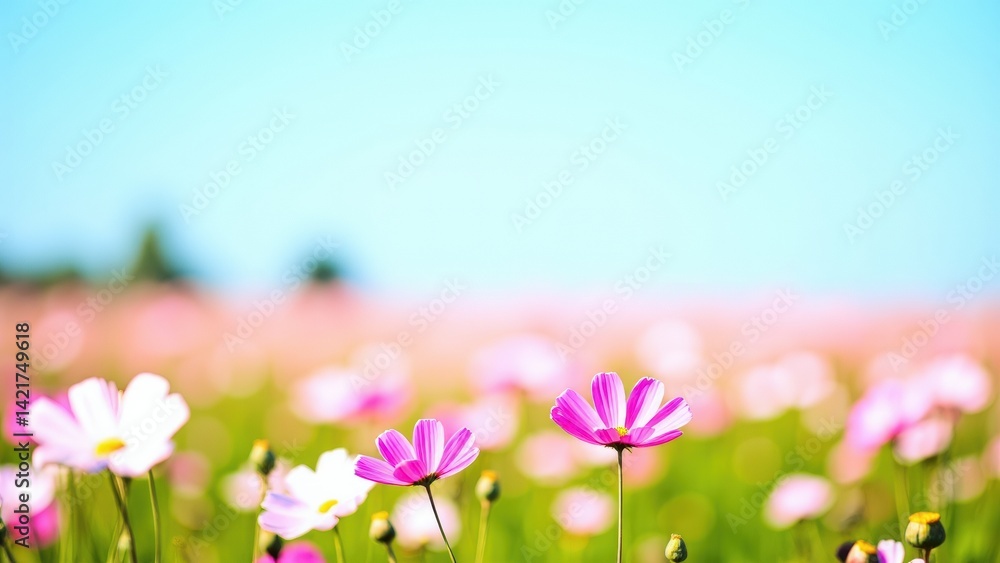 Pink Cosmos Flower Field: A Vibrant Meadow with Blooming Flowers Under a Clear Sky Pink Cosmos Flower Field: A Vibrant Meadow with Blooming Flowers Under a Clear Sky