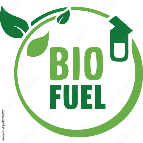 Green biofuel logo with leaves and fuel pump graphic. Eco-friendly energy symbol.