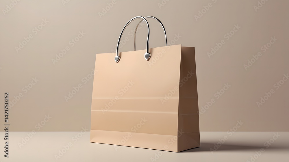 Shopping or present concept with front view on blank black paper bag with silver handles and place for company logo or advertising text on light beige wall background. 3D rendering, mock up