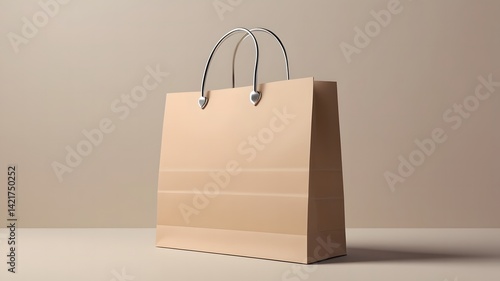 Obraz na płótnie Shopping or present concept with front view on blank black paper bag with silver handles and place for company logo or advertising text on light beige wall background. 3D rendering, mock up
w salonie