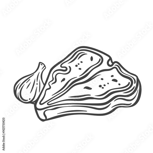 T bone beef steak line icon. Outline hand drawn sketch of fresh tbone beefsteak and garlic to grill or roast. BBQ menu, restaurant mascot, raw cow steak for barbecue party icon vector illustration
