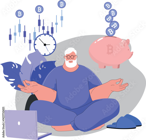 Online work, easy money, cryptocurrency investment, elderly man with laptop. Vector illustration concept time is money, accumulation of electronic money, digital currency, trading, mining