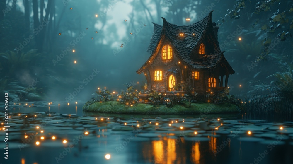 Obraz premium Enchanting fairy tale cottage nestled on a mystical pond in a lush forest at night