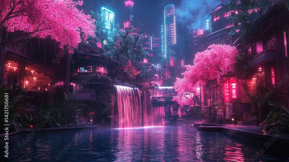 Obraz premium Neon Cityscape Waterfall Serenity: A Futuristic Asian Oasis