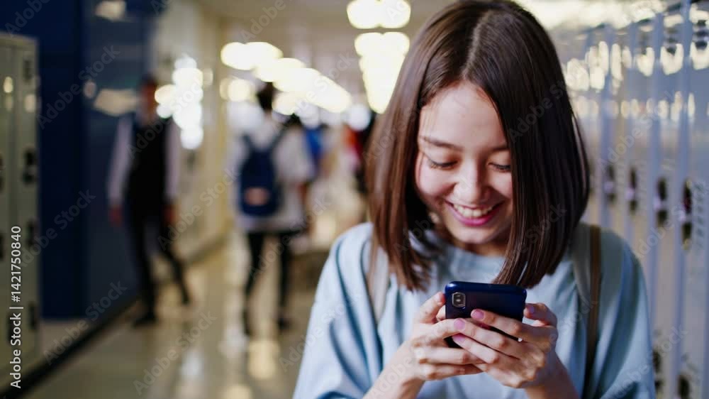 Happy young girl student smiling while texting in busy school hallway Happy young girl student smiling while texting in busy school hallway