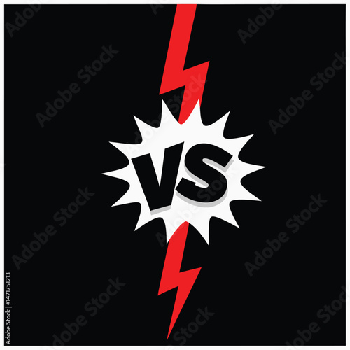 Versus symbol with red lightning bolts on a black background.  Bold, graphic design.