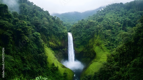 Majestic Waterfall Framed by Lush Tropical Greenery, Showcasing Natural Beauty and Adventure