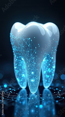 Digital Tooth: Modern, tech-style graphic ideal for dental & healthcare marketing. Benefits: innovation, trust, & cutting-edge solutions. For dental, healthcare, and technology posters.