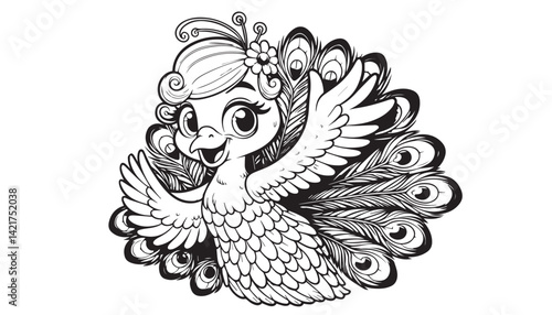 Vector illustration of cartoon bird black and white drawing For children to learn to color according to the picture.