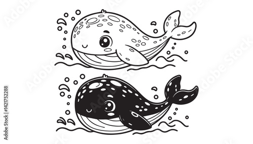 Vector illustration of cartoon fish black and white drawing For children to learn to color according to the picture.