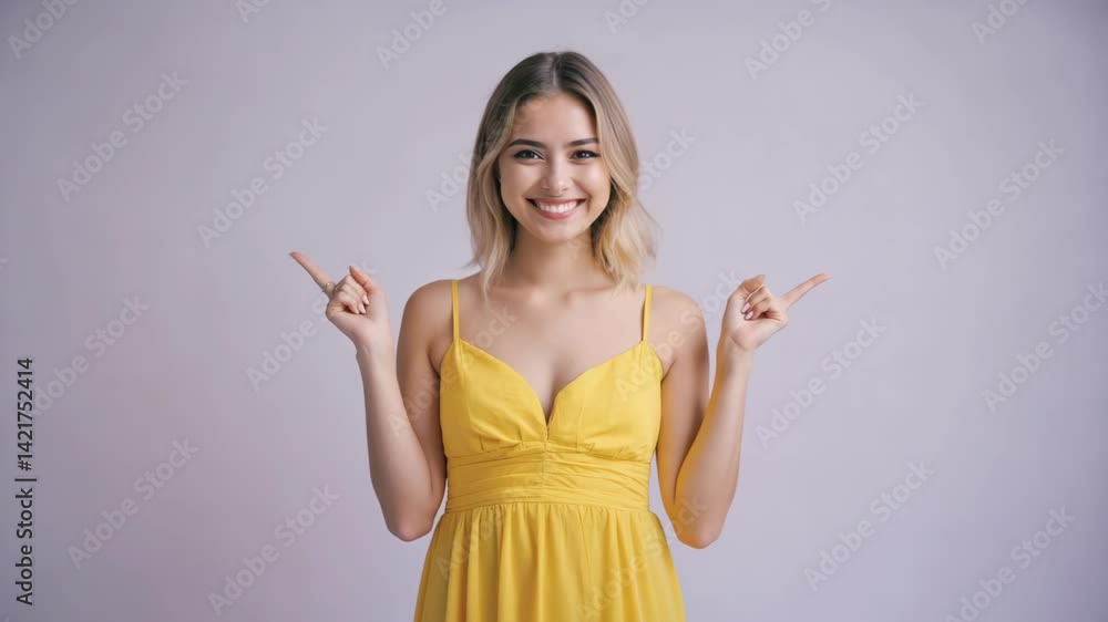 A joyful woman in a yellow dress smiling brightly. A joyful woman in a yellow dress smiling brightly.