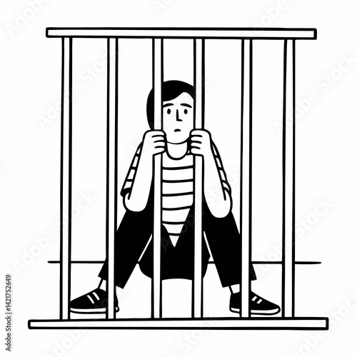 prisoner behind bars, jail cell, striped shirt,