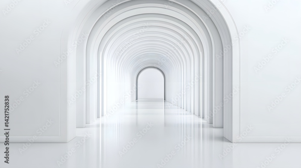 Futuristic White Tunnel with Curved Arches and Reflective Floor, Minimalist Modern Architecture