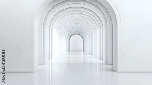 Obraz na płótnie Futuristic White Tunnel with Curved Arches and Reflective Floor, Minimalist Modern Architecture w salonie