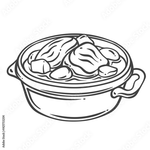 Boeuf Bourguignon, French traditional recipe of beef stew line icon. Meat and carrot braised in sauce with wine. Cuisine of France mascot, monochrome bowl of cooked hot beef gravy vector illustration