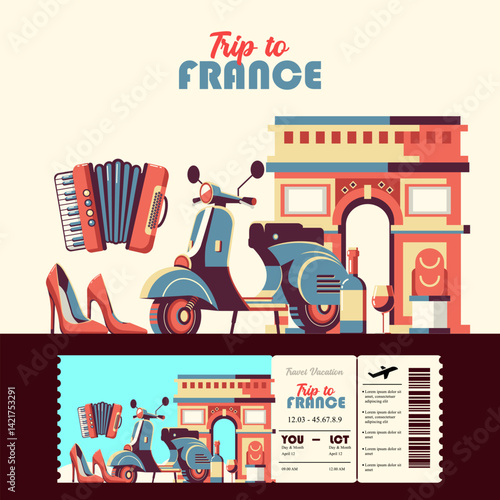 Trip to France. Cartoon elements, Arc de Triomphe, Scooter and Wine