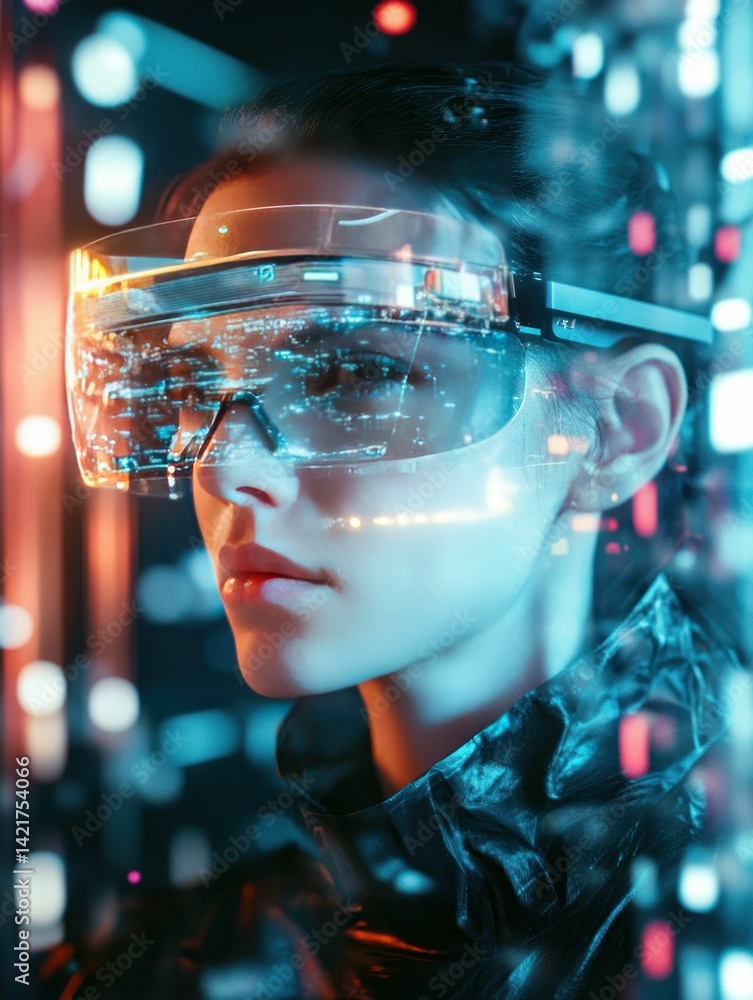 Woman immersed in augmented reality interface within a futuristic cityscape Woman immersed in augmented reality interface within a futuristic cityscape