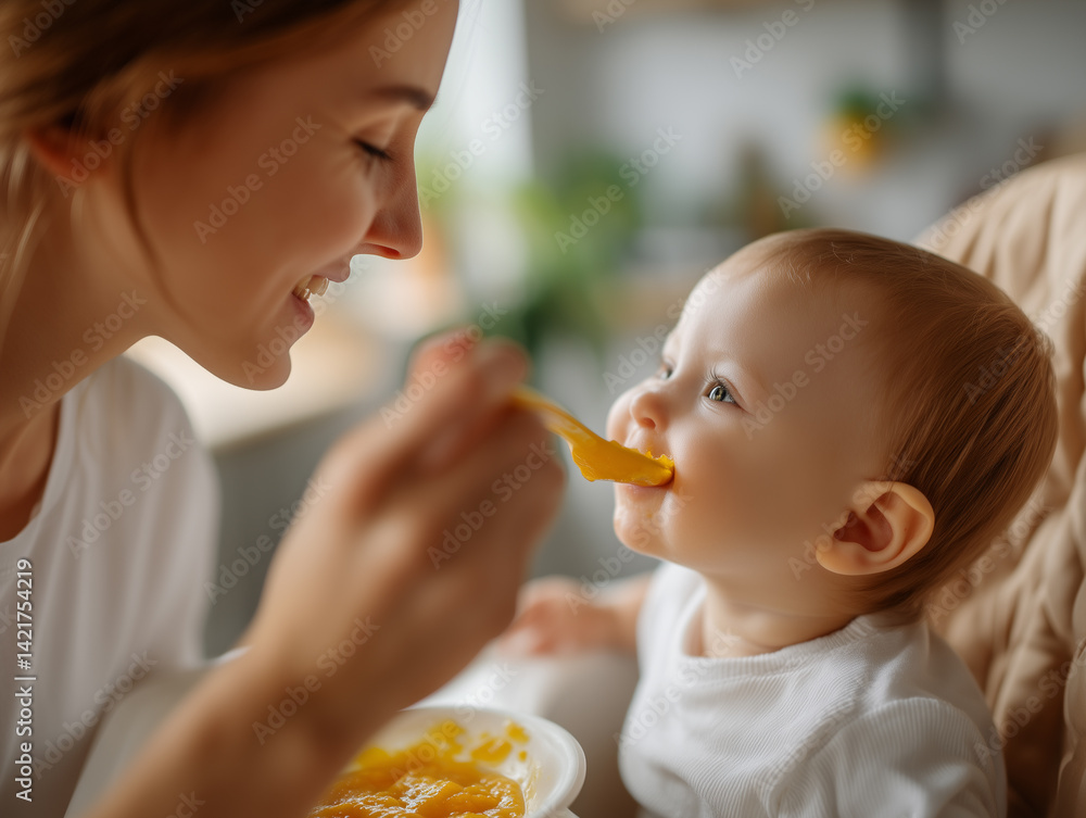 Young smiling mother with light brown hair, who feeds an 8-month-old baby with vegetable or fruit puree from a spoon, close up, soft focus. Introducing complementary foods to a child. Young smiling mother with light brown hair, who feeds an 8-month-old baby with vegetable or fruit puree from a spoon, close up, soft focus. Introducing complementary foods to a child.