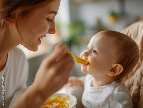 Young smiling mother with light brown hair, who feeds an 8-month-old baby with vegetable or fruit puree from a spoon, close up, soft focus. Introducing complementary foods to a child.