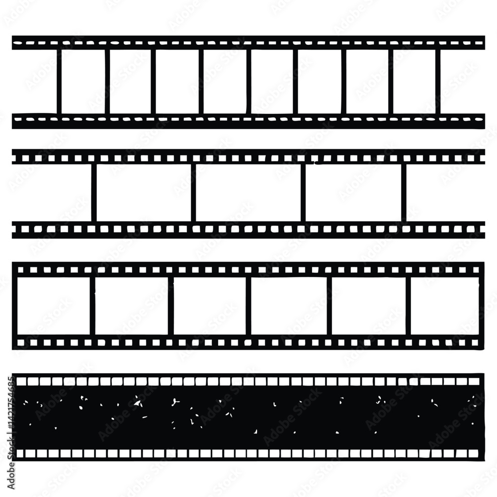 Four film strips, various lengths, blank frames, classic movie reel design. Four film strips, various lengths, blank frames, classic movie reel design.
