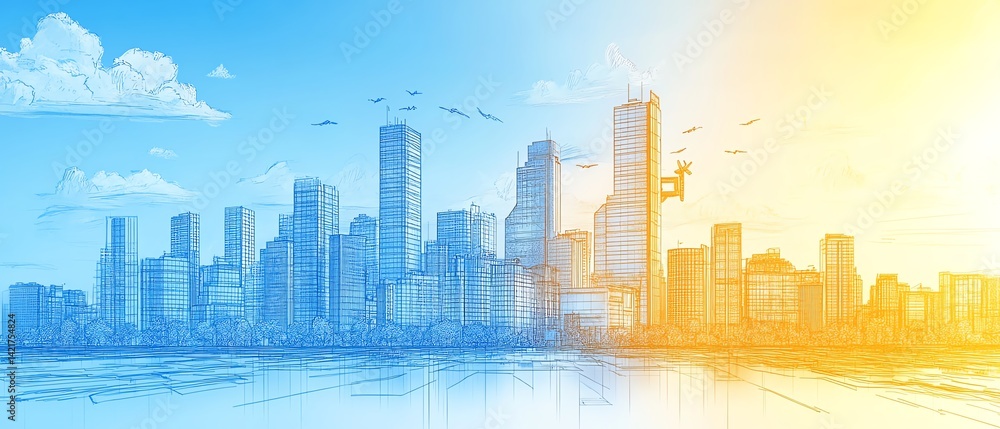 Fototapeta premium Hand-drawn city skyline sketch. Urban planning concept.