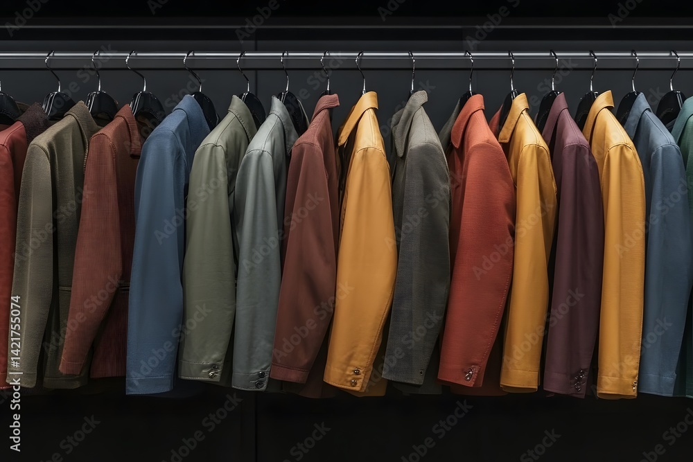 Stylish jackets displayed on hangers. Stylish jackets displayed on hangers.
