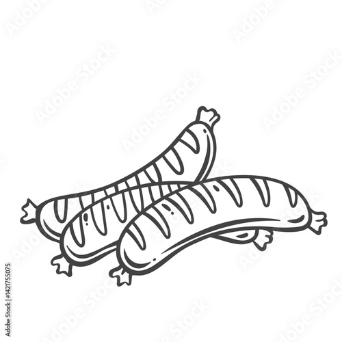 Meat sausages pile line icon. Outline hand drawn sketch of bratwurst to grill or fry for dinner. Butchers shop product, BBQ food menu mascot, hot dog barbecue sausages icon vector illustration