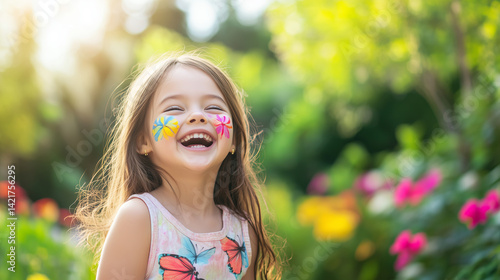 Fototapeta Naklejka Na Ścianę i Meble -  Happy child laughing with painted face in garden setting