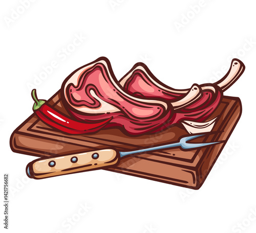 Tomahawk steak two slices on square wooden board with fork and chili. Outline hand drawn color sketch of raw meat chops with bones. Cooking, BBQ menu mascot, steak cuts icon vector illustration