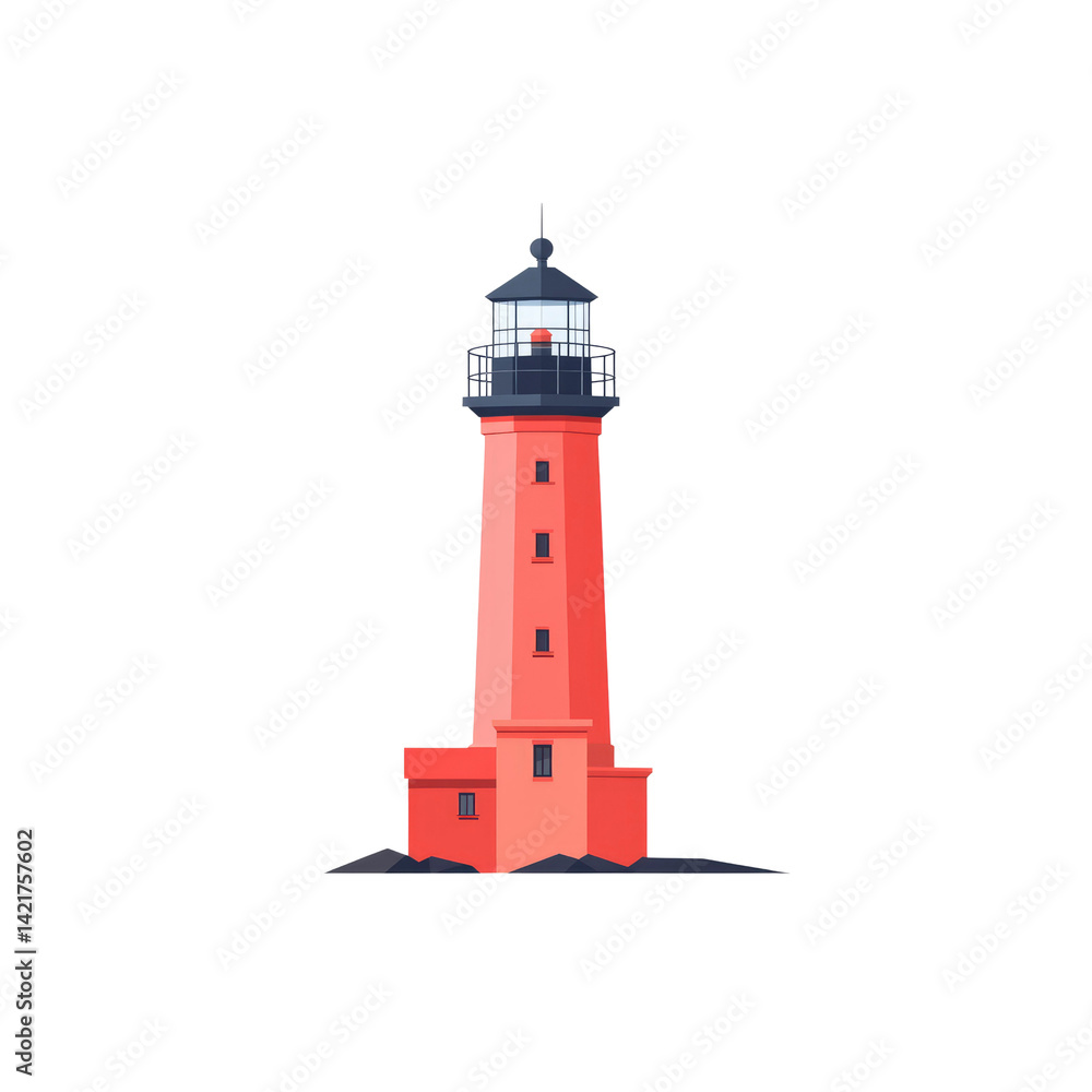Red Lighthouse on Rocky Coast - Flat Vector Illustration Red Lighthouse on Rocky Coast - Flat Vector Illustration