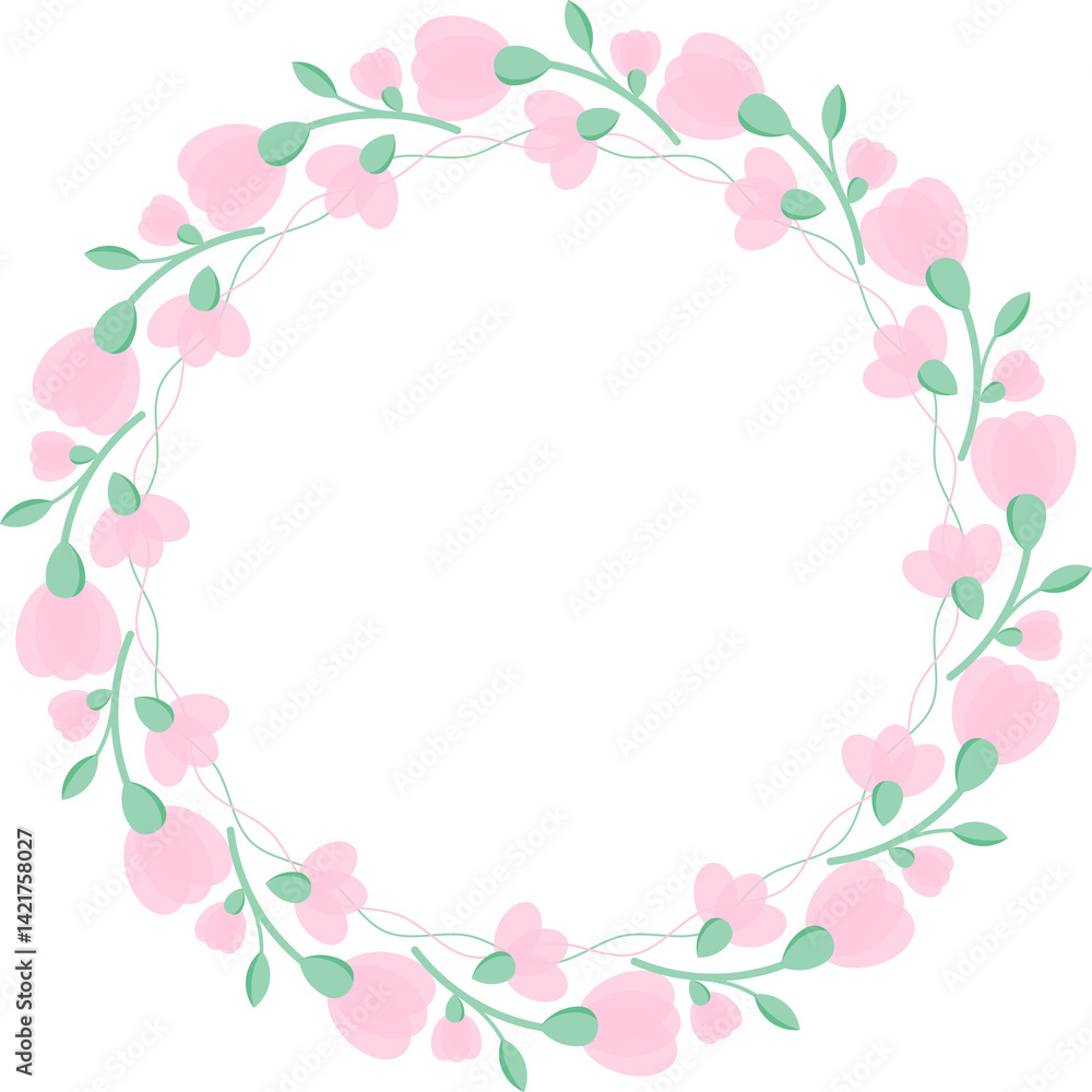 Abstract wreath of soft pink flowers and light green leaves. Illustration for invitation or greeting card. Colorful illustration for text message. Text. Abstract wreath of soft pink flowers and light green leaves. Illustration for invitation or greeting card. Colorful illustration for text message. Text.
